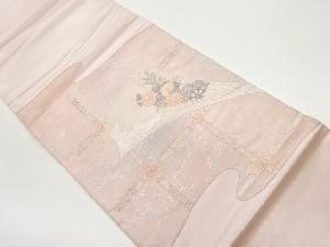 銀彩　扇草花水車に格子模様刺繍袋帯